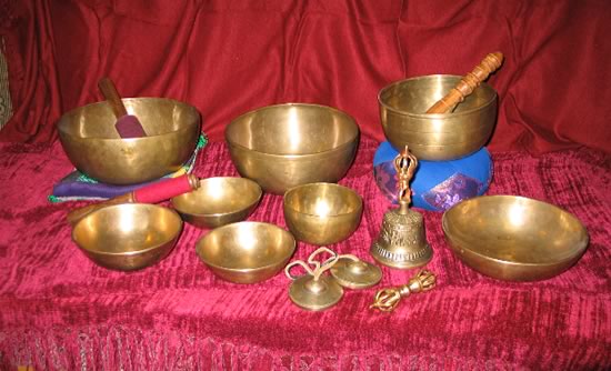 Tibetan singing bowls, tingshas, bell and dorje